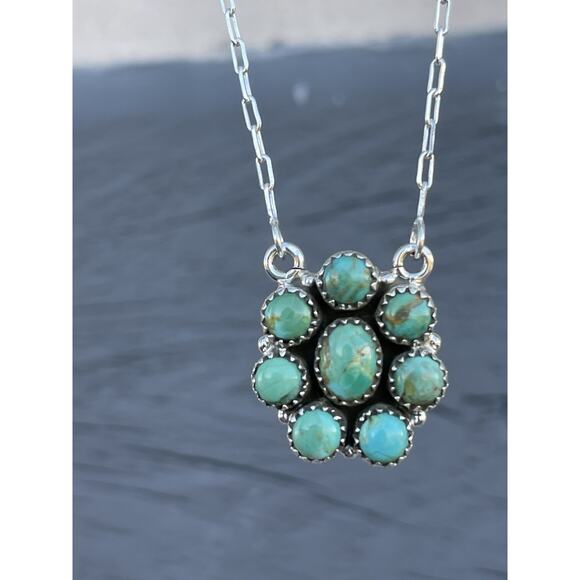 Turquoise Cluster Bar Necklace Southwestern Sterling Silver Snake Oval Flower - Picture 3 of 7